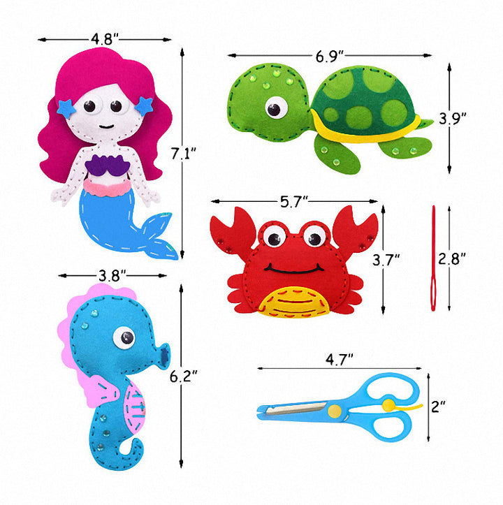 Art Sewing Kit by Arts And More with colorful mermaid, turtle, crab, seahorse, scissors, and needle for kids DIY projects