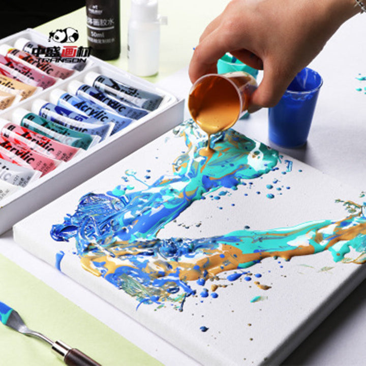 Fluid Painting Water Shadow Painting Tools with acrylic paint tubes and hand pouring paint on canvas by Arts And More