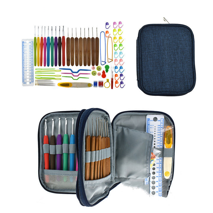 Arts And More Bamboo Handle Crochet Set with colorful hooks and accessories in a navy blue zippered case