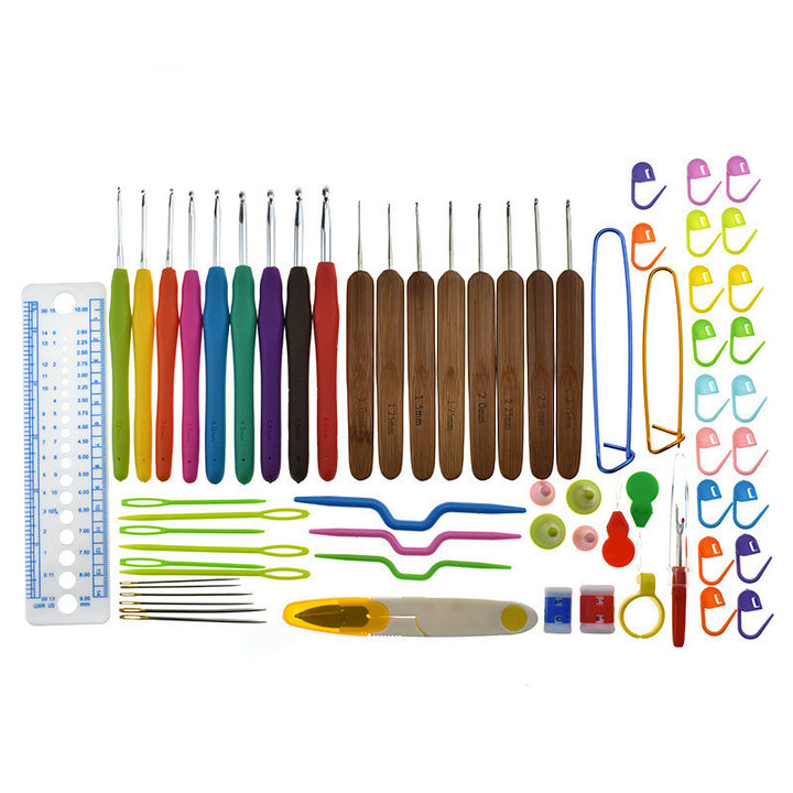 Arts And More Bamboo Handle Crochet Set with colorful hooks, stitch markers, needles, and measuring tools