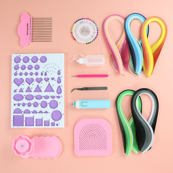 Beginner Paper Craft Kit with colorful paper strips, shaping tools, pins, and crafting accessories