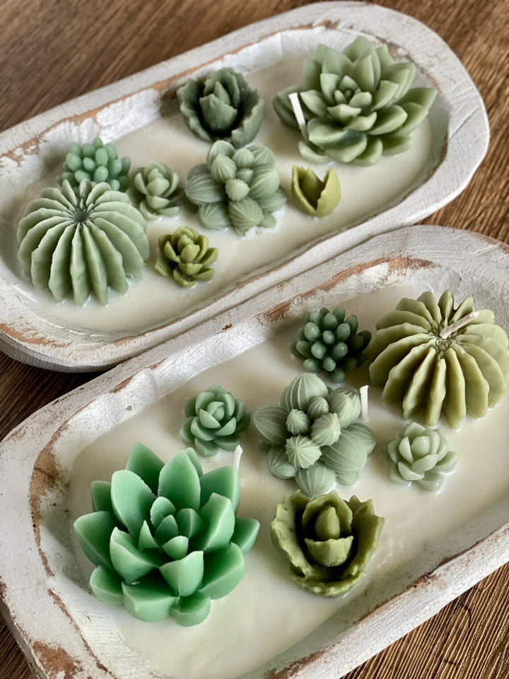 Cactus Garden Candle in a decorative tray with intricate succulent designs in various green shades