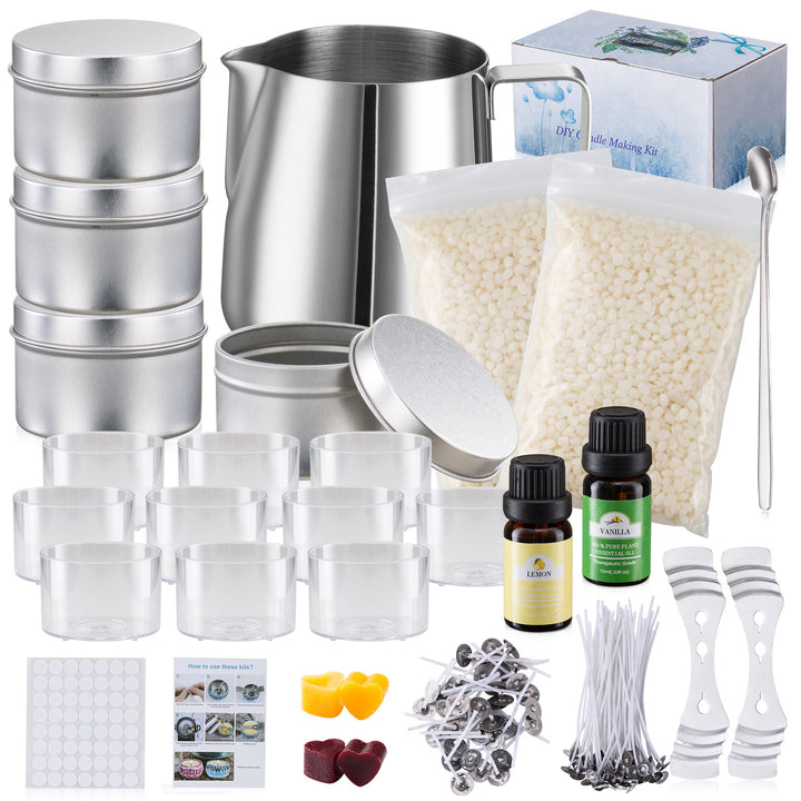 Candle Making Set by Arts And More featuring wax, wicks, fragrance oils, containers, and tools for crafting