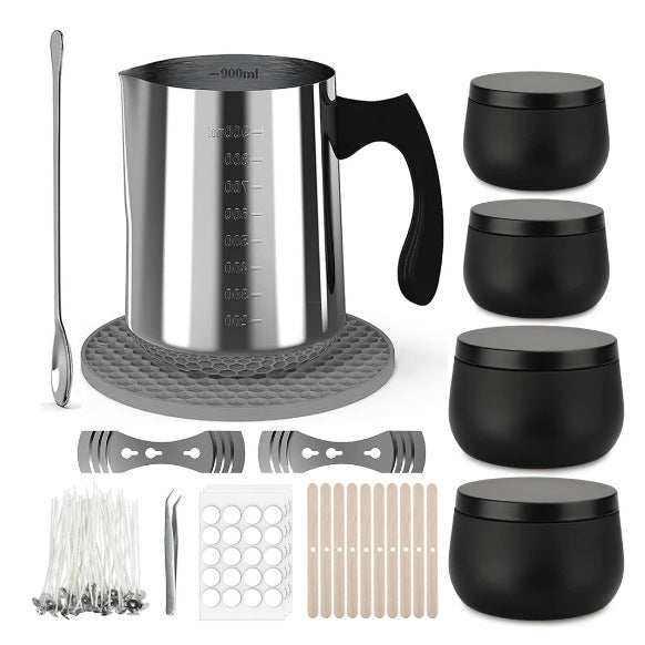 Candle Making Tool Set including stainless steel pitcher, molds, wicks, and stirring tools for DIY candle projects