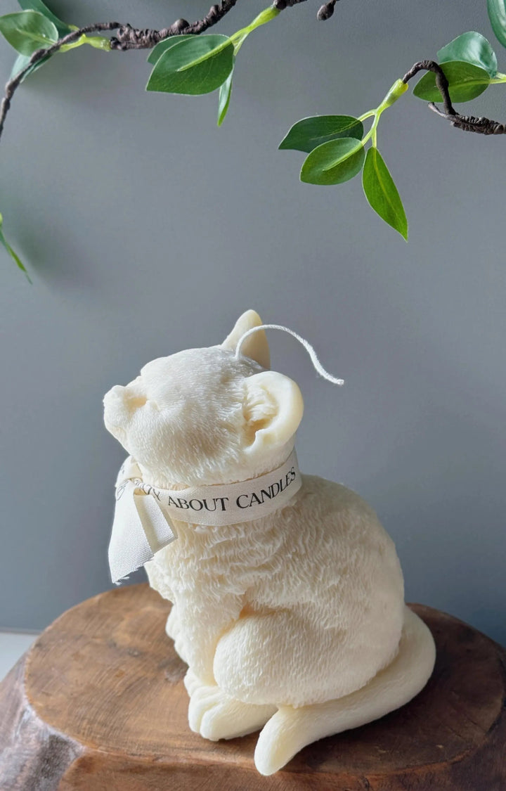 Cat Candle from Crazy About Candles, featuring a decorative design in soft cream color