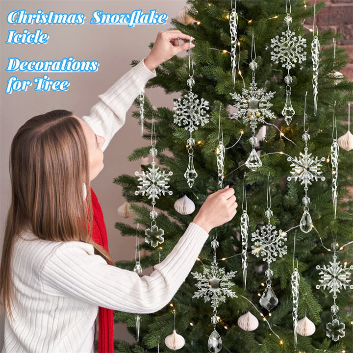 Woman decorating a Christmas tree with Christmas Tree Hanging Pendants and snowflake icicle ornaments