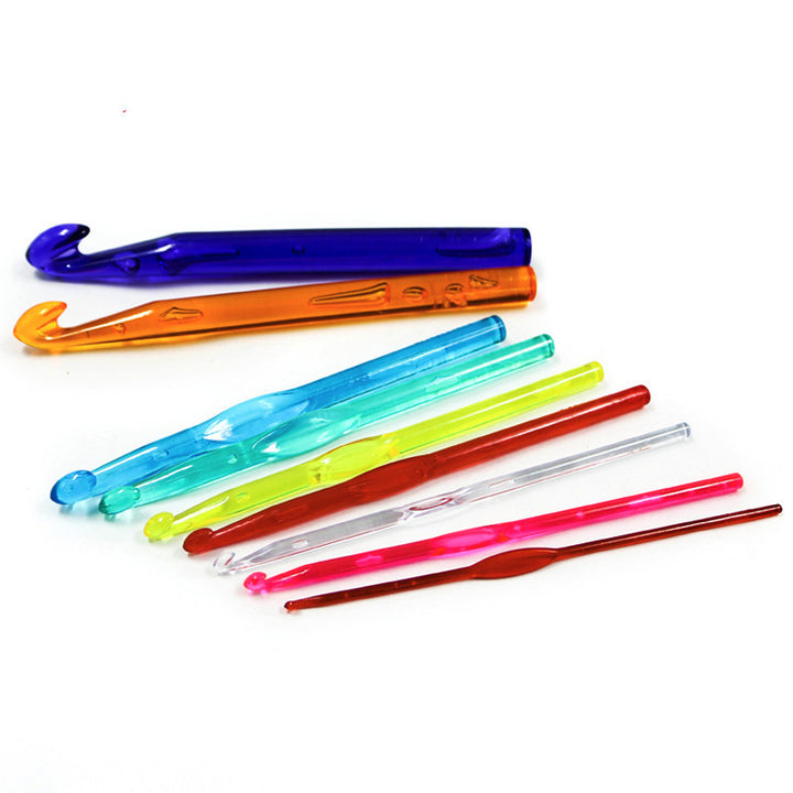 Arts And More Plastic Crochet Tool Set with multicolored translucent crochet hooks in various sizes