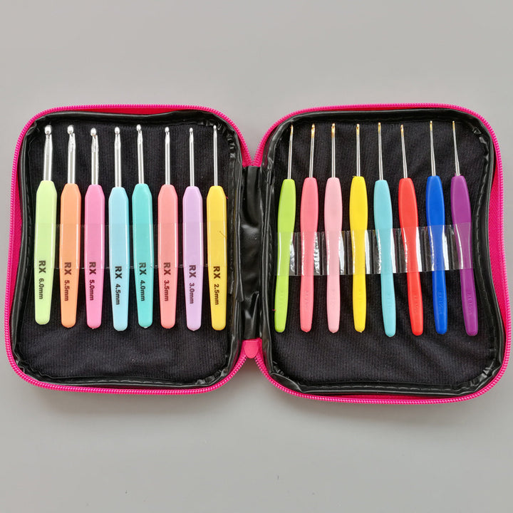 Arts And More colorful crochet tools set neatly organized in a pink zippered carrying case