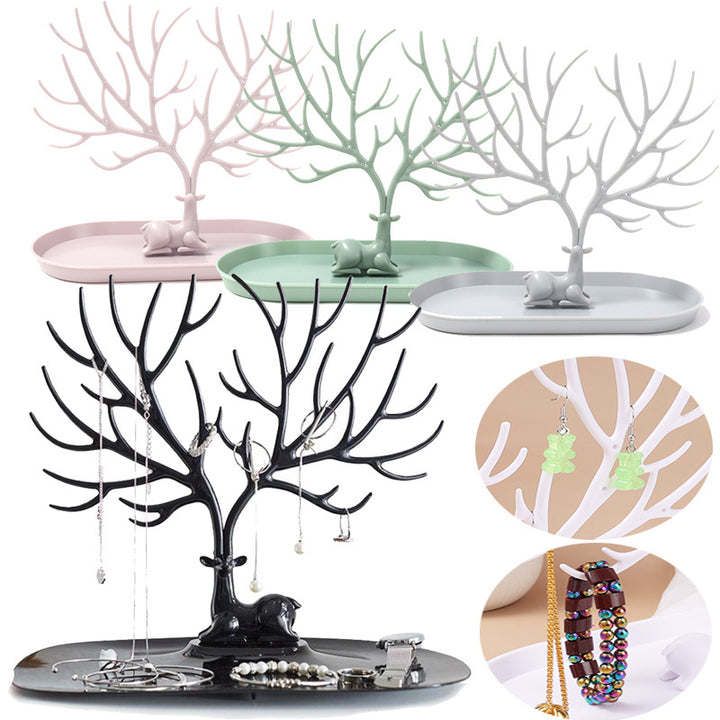 Deer Jewelry Display Stand in various colors showcasing tree design for organizing necklaces and accessories