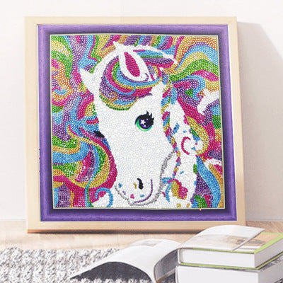 Colorful framed Diamond Painting Kit featuring a vibrant unicorn with flowing rainbow mane