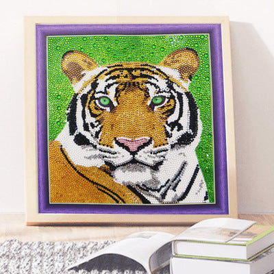 Framed Diamond Painting Kit of a Majestic Tiger with Vibrant Green Background for Art Enthusiasts