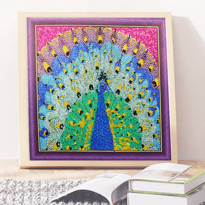 Colorful peacock diamond painting kit displayed in a stylish frame for vibrant home decor