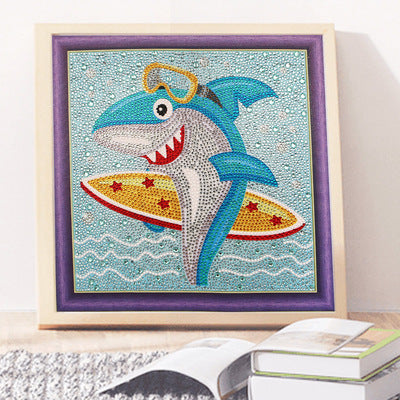 Colorful Diamond Painting Kit featuring a shark with a surfboard in a playful ocean scene