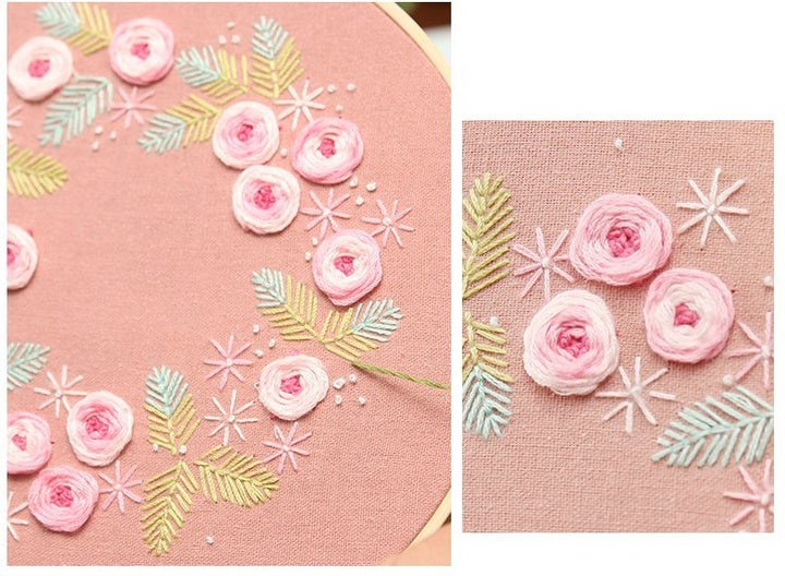 Handcrafted flowers and leaves from DIY Embroidery Practice Kits on soft pink fabric