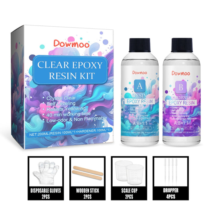 Dowmoo clear epoxy resin kit with resin and hardener bottles plus disposable gloves wooden sticks scale cups and droppers