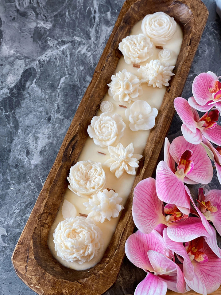 Garden Dough Bowl Candle with Floral Designs in a Rustic Holder, Perfect for Home Decor