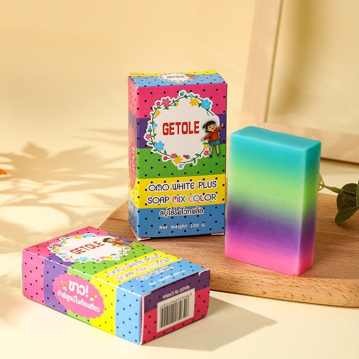 Arts And More Oil Bath Soap for Kids with colorful packaging and rainbow gradient bar