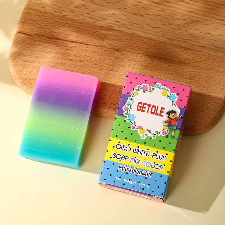 Arts And More Oil Bath Soap for Kids colorful bar with packaging on wooden board