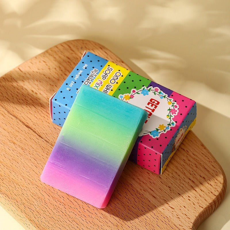 Arts And More Oil Bath Soap for Kids colorful gradient bar on wooden tray with vibrant packaging