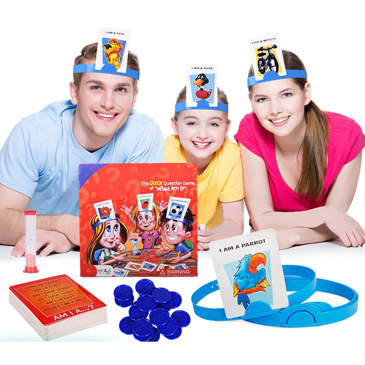 Family playing Arts And More Guessing Game with cards, headbands, and blue tokens for fun interactive play