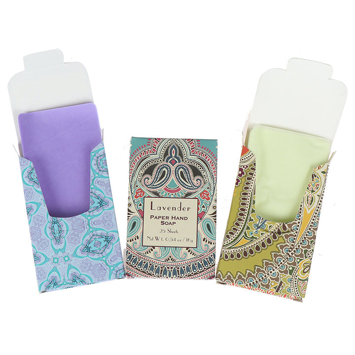Arts And More Instant Paper Soap lavender and green sheets with decorative patterned cases