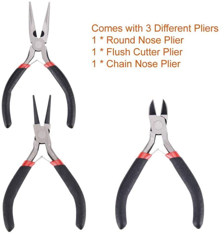 Jewelry Making Repair Pliers Set includes round nose, flush cutter, and chain nose pliers for crafting