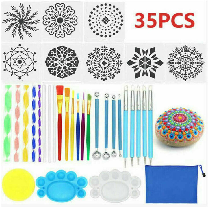 Mandala Dotting Tools Kit with 35 pieces including brushes and stencils for creative craft projects