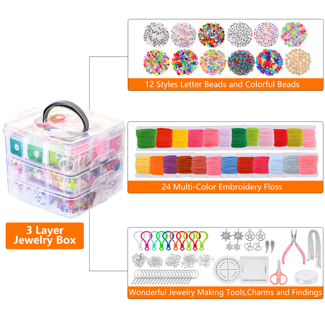 Materials Set for Bracelets with 12 styles of letter and colorful beads, 24 multi-color embroidery floss, and jewelry making tools in a 3 layer box