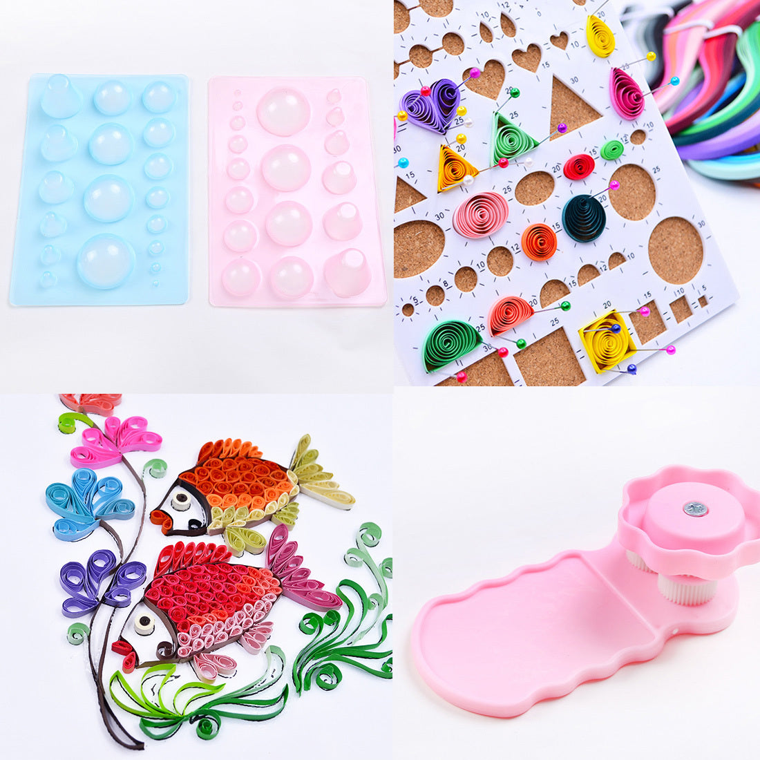 Arts And More Monochrome Paper Craft Kit featuring paper shaping tools and colorful quilled fish designs
