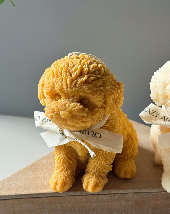 Adorable Puppy Candle in yellow color with detailed fur texture, perfect for home decor