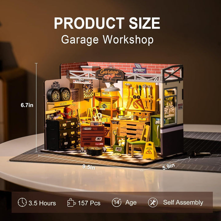 Robotime Rolife Miniature House Kit of a Garage Workshop with detailed tools and vibrant lights