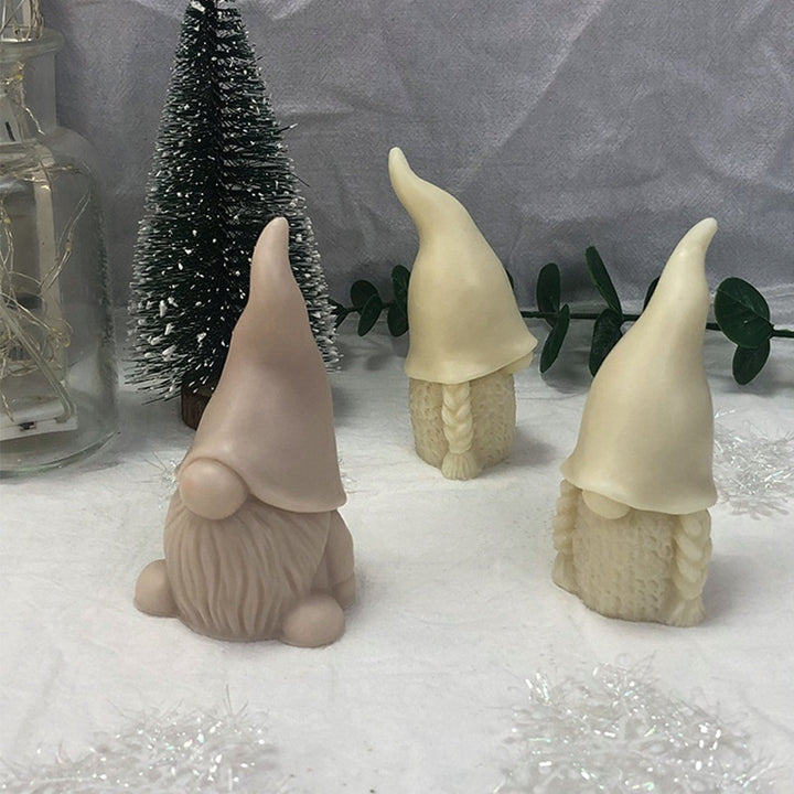 Santa Claus Candle Silicone Mold featuring three gnome-shaped candles in festive colors