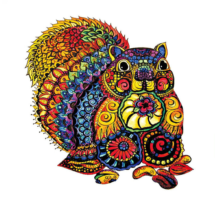Colorful squirrel-shaped wooden puzzle from Arts And More arts and crafts kits with intricate patterns
