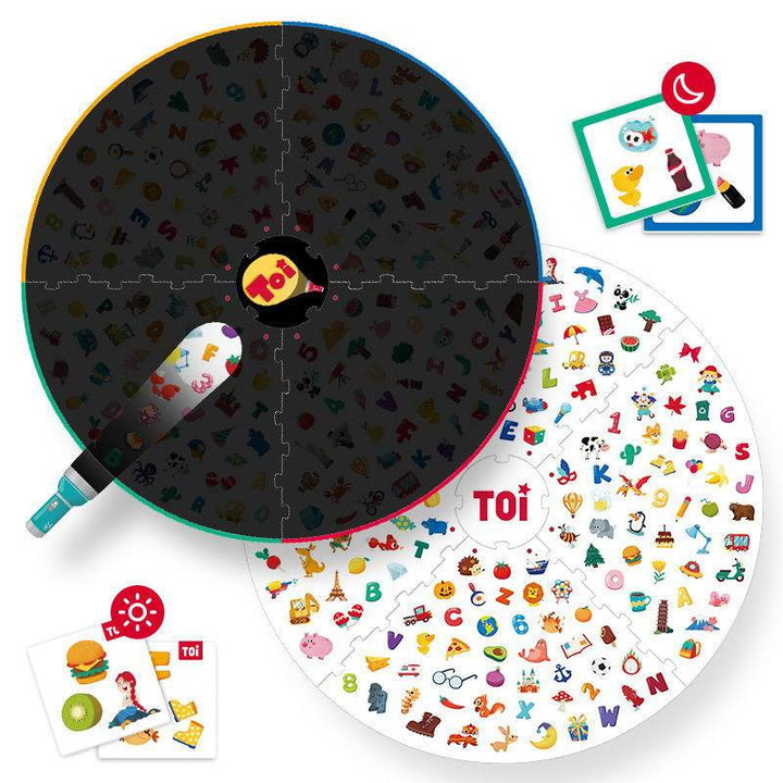 Arts And More Find It Table Game with colorful puzzle pieces and illustrated cards for kids