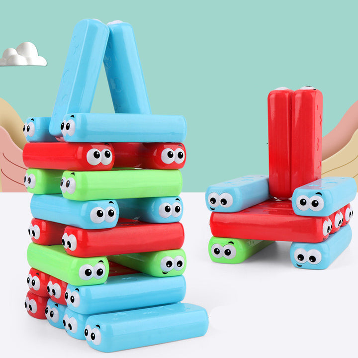 Colorful Tower Blocks Game with blue, red, and green blocks featuring cartoon eyes for creative play
