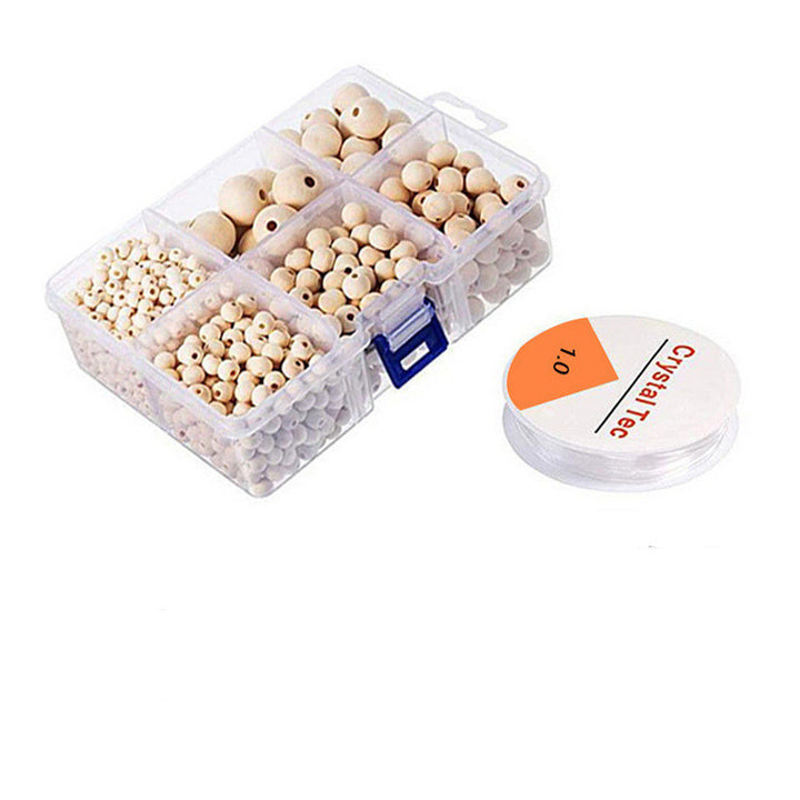 Arts And More wooden round beads craft set with various sizes in clear compartment box and beading thread