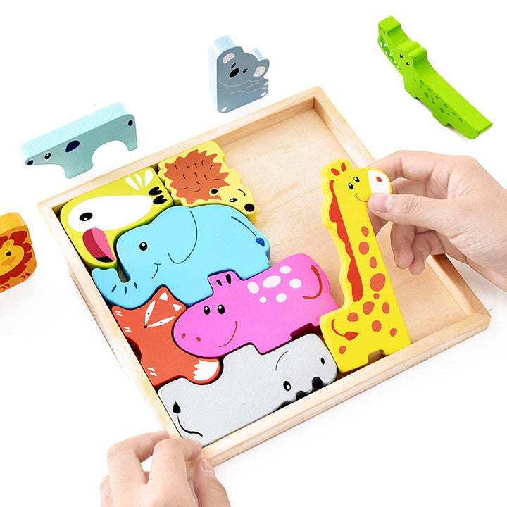 Kids assembling colorful Wooden Animal Puzzle by Arts And More with animal-shaped wooden pieces in a wooden tray