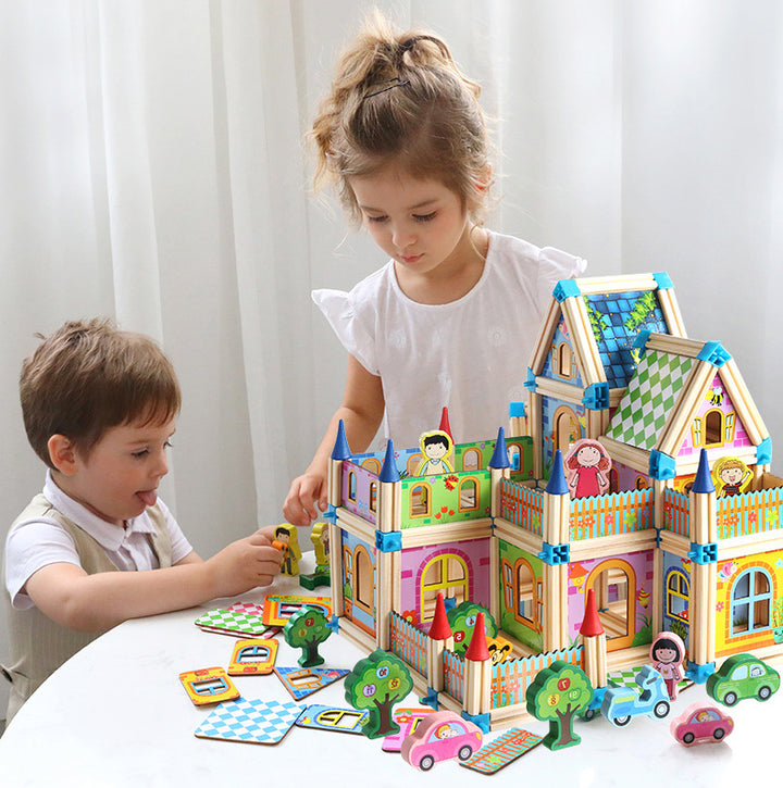 Kids engaging with Arts And More Wooden Building Blocks Set to create imaginative structures