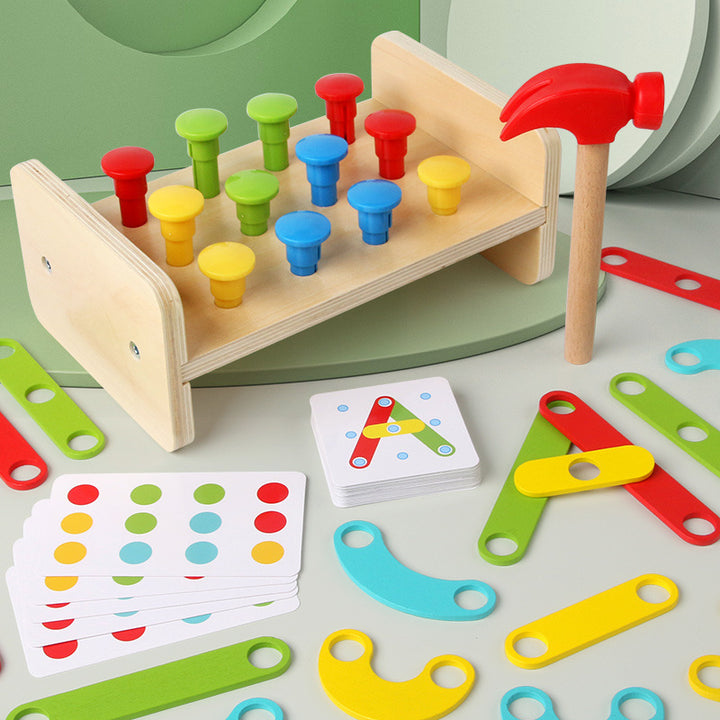 Arts And More kids’ DIY Wooden Puzzle Toy with colorful pegs, hammer, and pattern cards for creative play