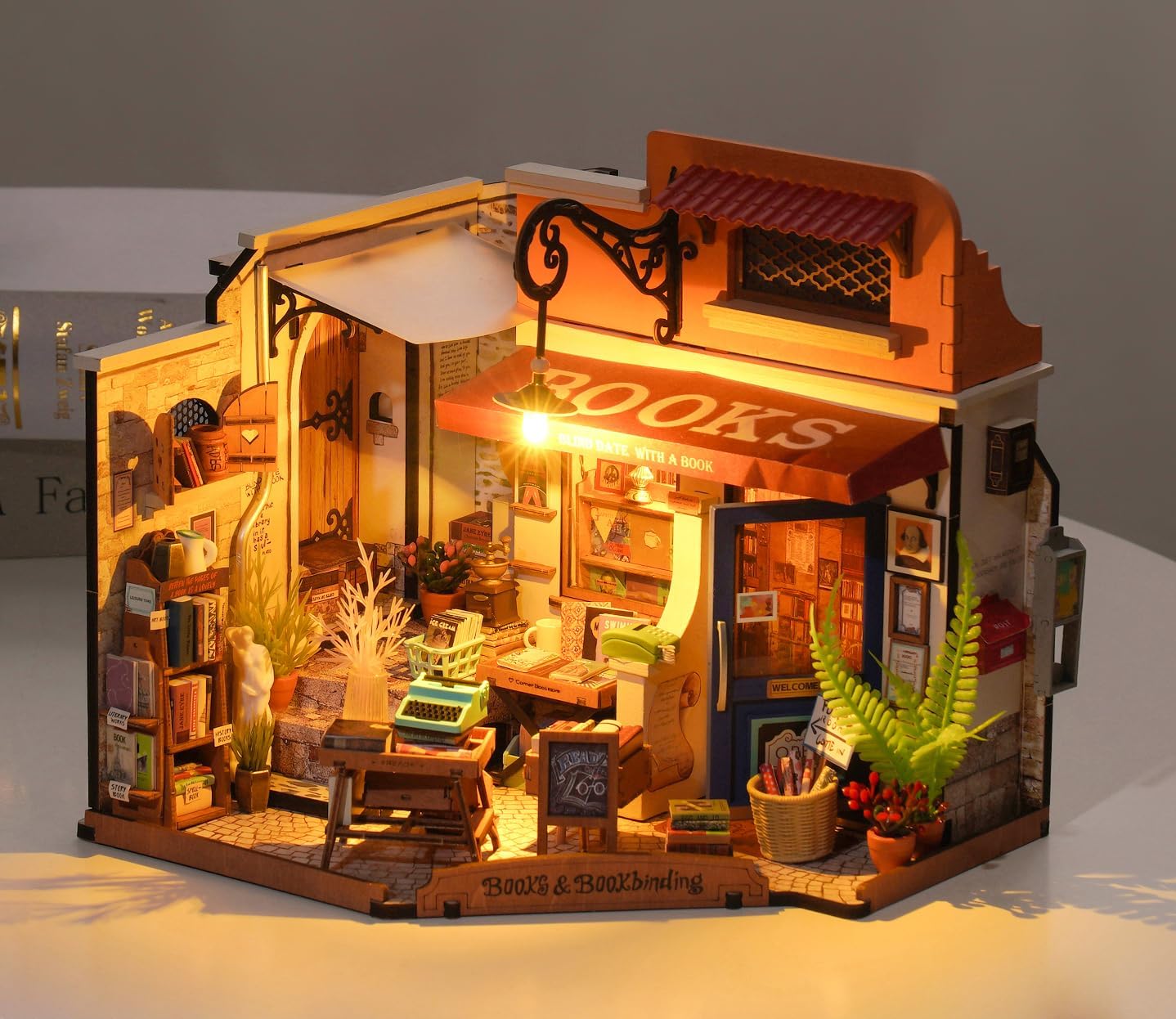 Robotime DIY Miniature Corner Bookstore Kit DG164 | LED Wooden Dollhouse