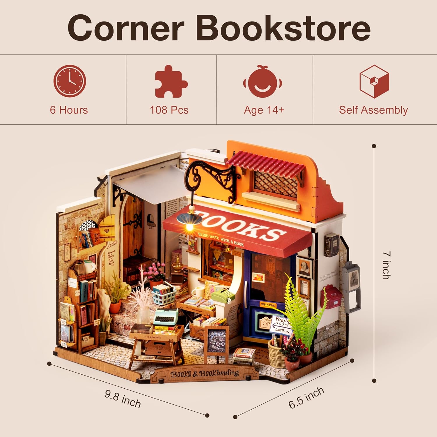 Robotime DIY Miniature Corner Bookstore Kit DG164 | LED Wooden Dollhouse