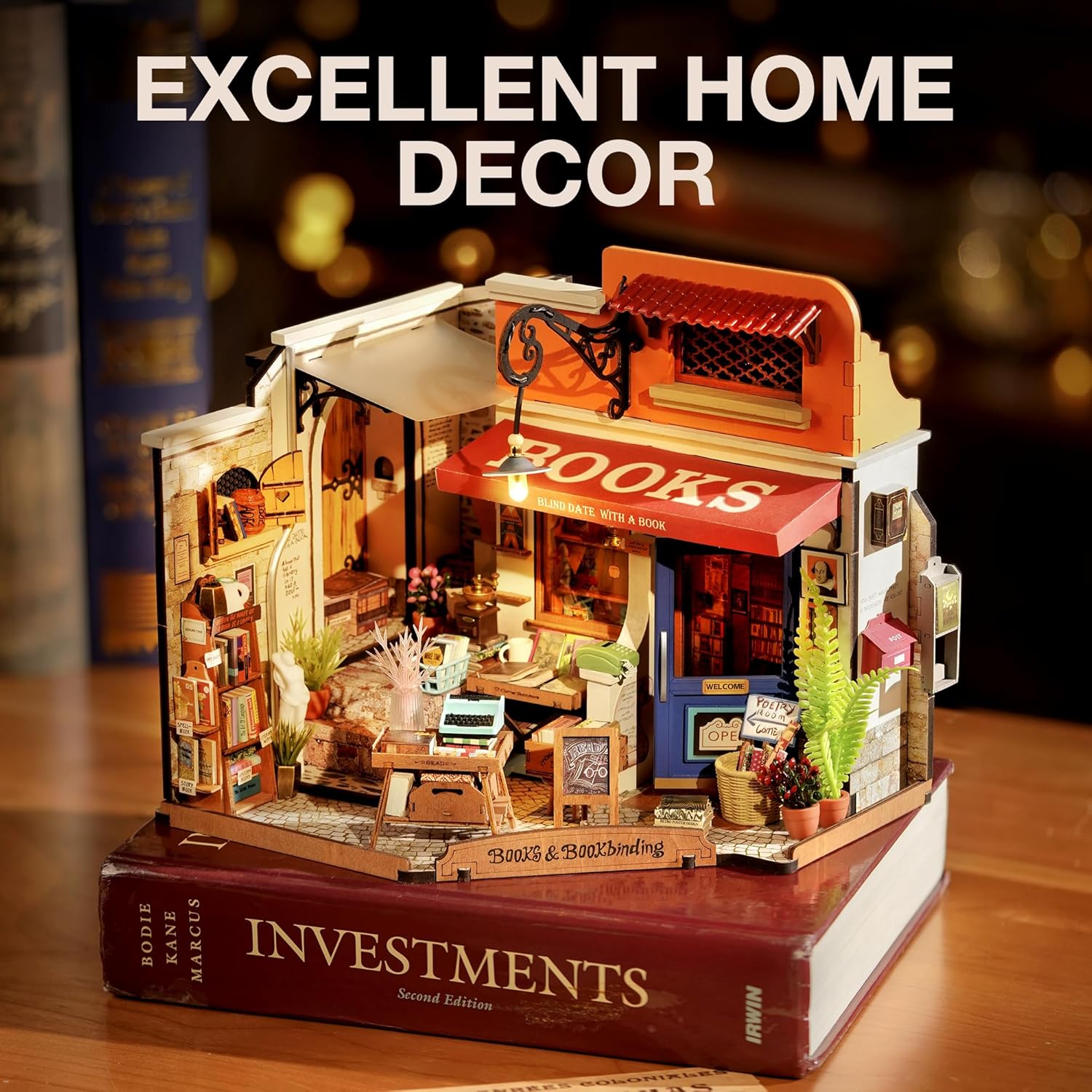 Robotime DIY Miniature Corner Bookstore Kit DG164 | LED Wooden Dollhouse