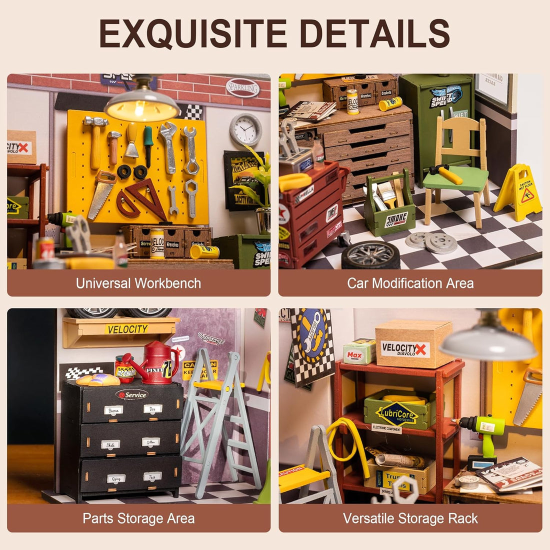 Collage of toy workbench and storage area with tools and parts.