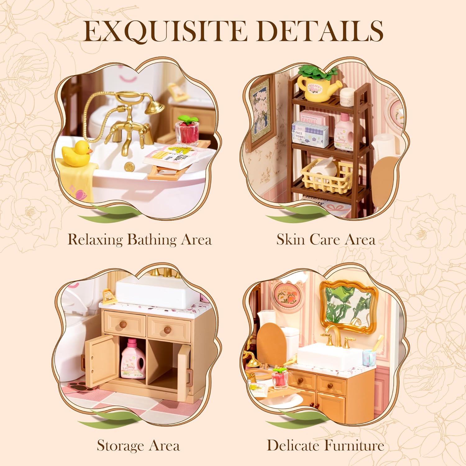 ROBOTIME DIY Miniature House Kit Dollhouse Model Building Craft Kit Birthday Creative Gifts For Adults Kids Girls Boys Pop-Bubble Bathroom