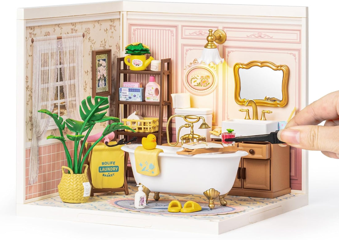 ROBOTIME DIY Miniature House Kit Dollhouse Model Building Craft Kit Birthday Creative Gifts For Adults Kids Girls Boys Pop-Bubble Bathroom