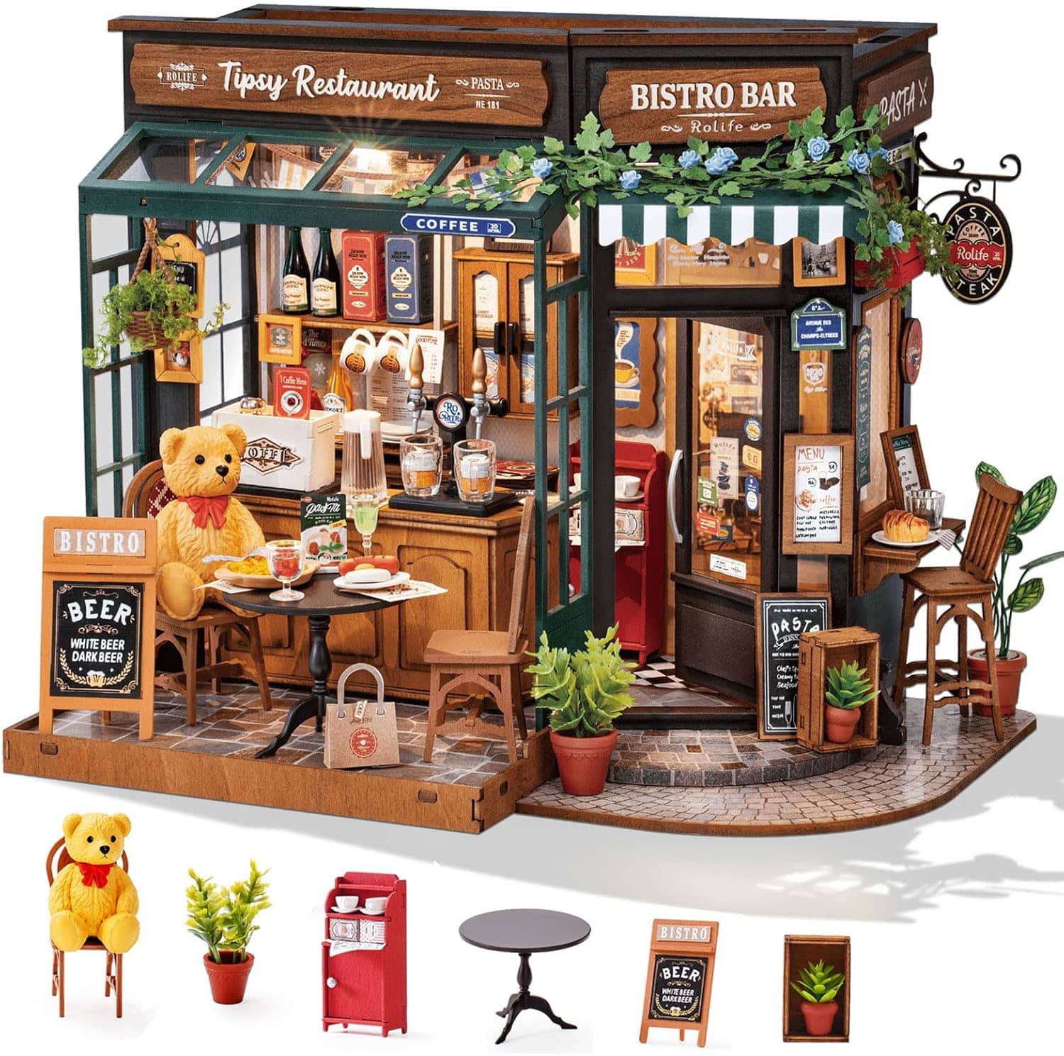 Rolife Tipsy Restaurant Miniature House Kit – DIY Wooden Model