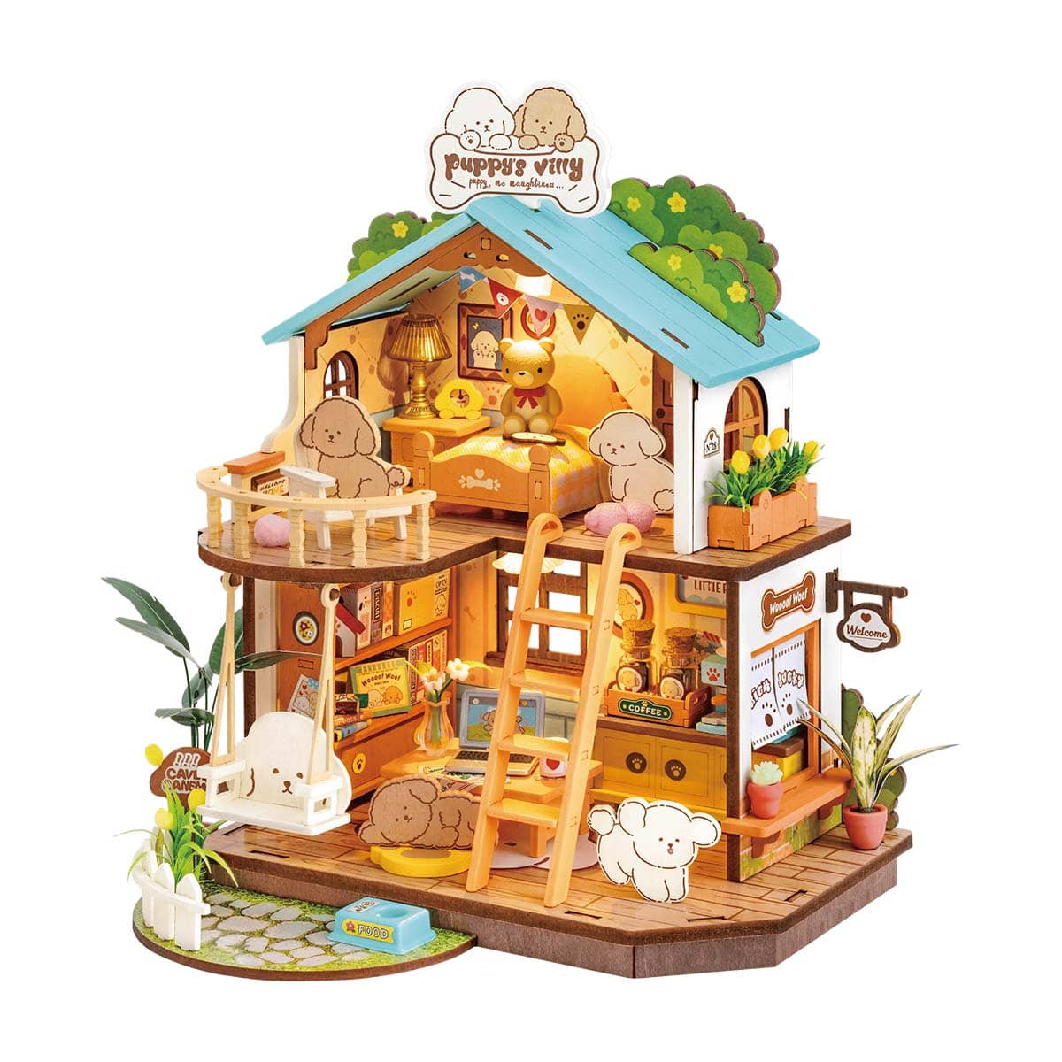 ROBOTIME Puppy's Cozy Villa Miniature House – DIY Wooden Kit