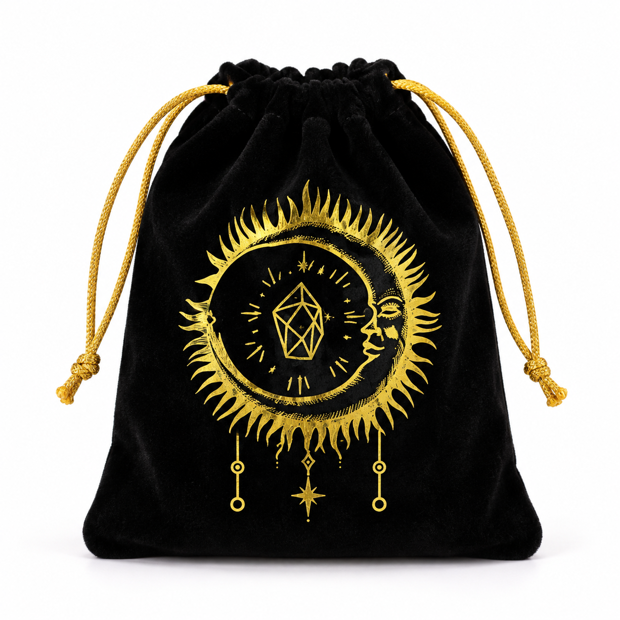 A black velvet drawstring pouch featuring a gold foil print of a sun and moon with a gemstone symbol in the center, shown against a plain white background.