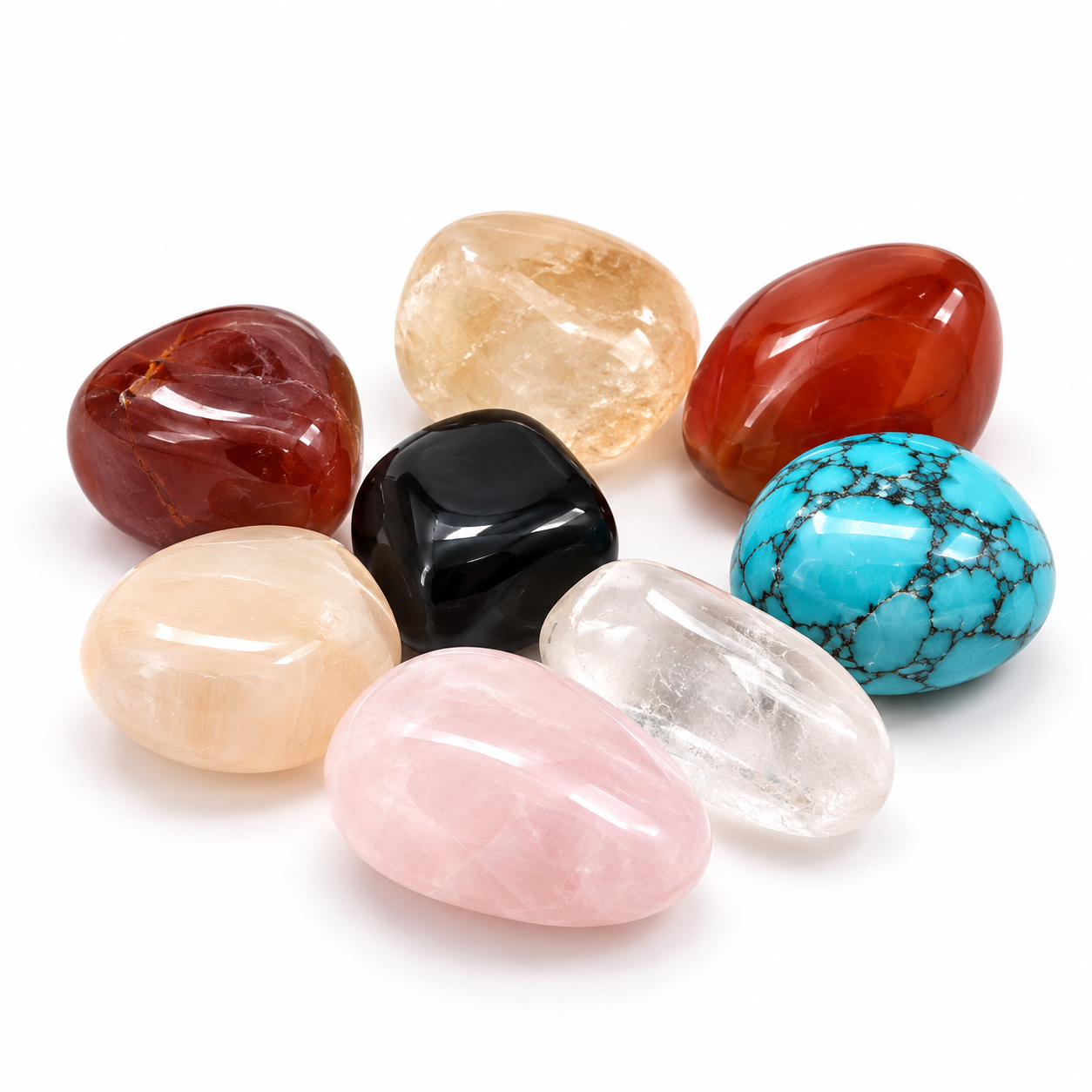 Seven polished tumbled stones in assorted colors, including turquoise, rose quartz, pink, clear quartz, black, red, orange, and brown, arranged on a white background.