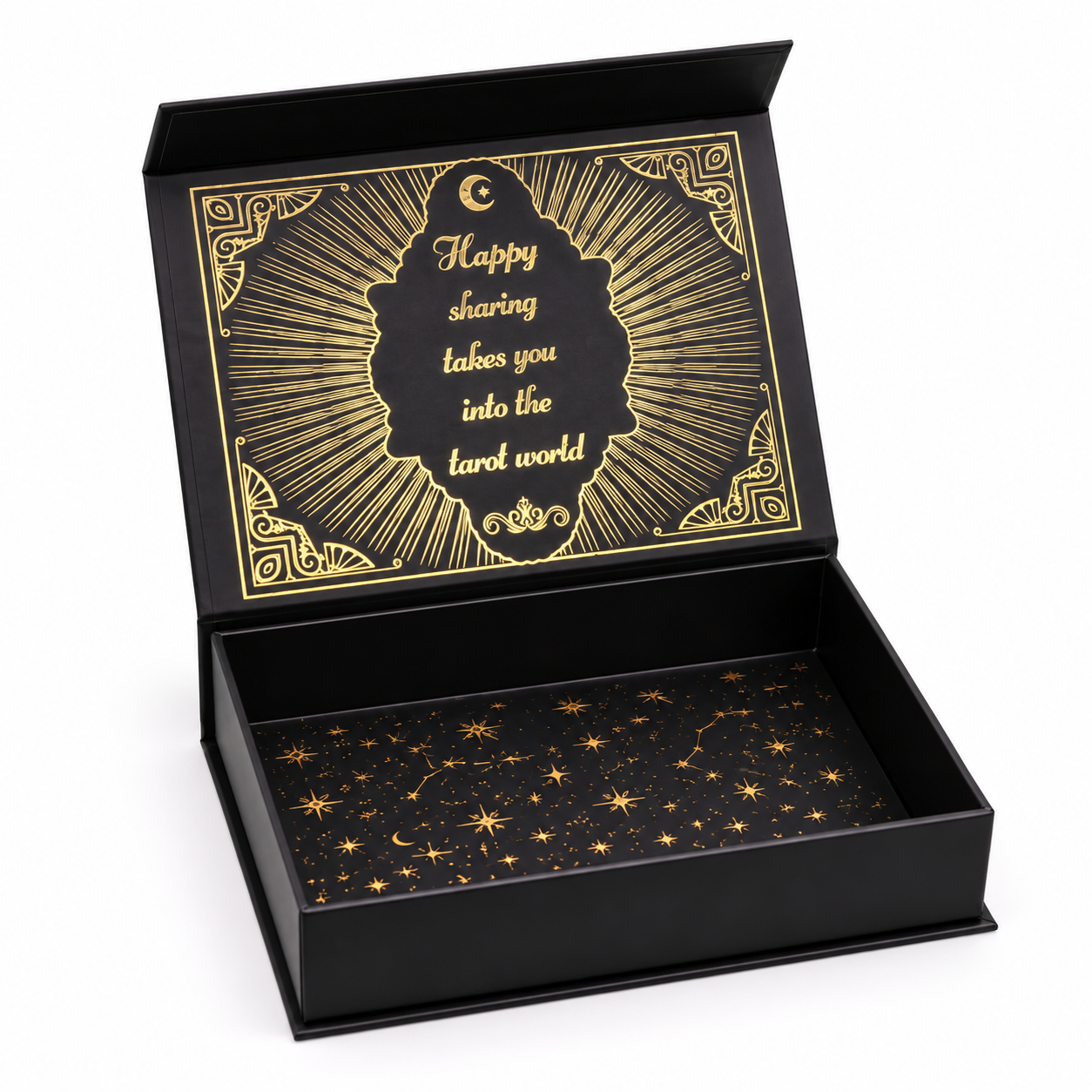 A black tarot card deck presented in an open decorative box with gold foil artwork. The inside lid features a gold sunburst design with the text 'Happy sharing takes you into the tarot world' and a crescent moon.